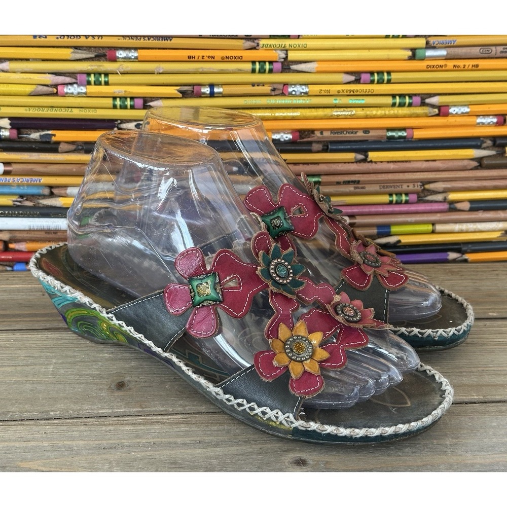 Corkys Elite Orlando Floral Leather Wedge Sandals Womens 7 Multicolor Good